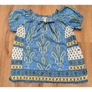 Dressbarn Peasant Blue Top Paisley Scarf Print Patchwork Size 3X Boho Hippie